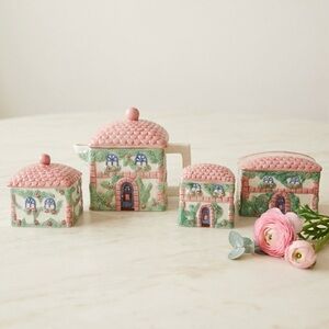 Country Cottage House Teapot Set 1980’s Vintage Tea Party Ceramic Spring Summer